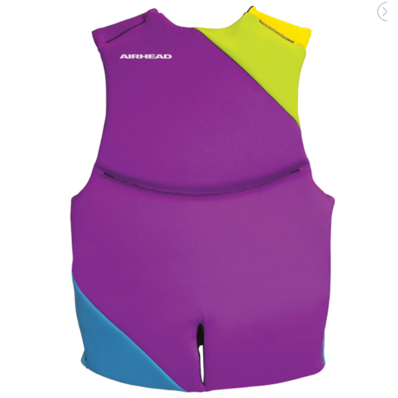 Load image into Gallery viewer, Airhead GNAR Neolite Kwik-Dry Life Vest - Blue/Purple/Yellow/Lime Green - Back