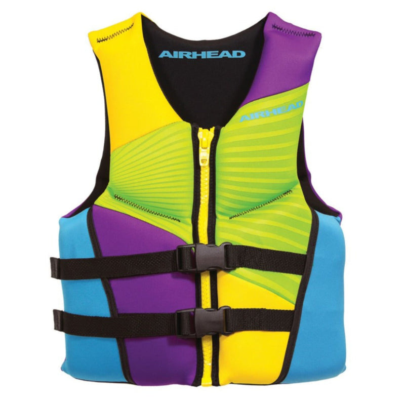 Load image into Gallery viewer, Airhead GNAR Neolite Kwik-Dry Life Vest - Blue/Purple/Yellow/Lime Green - Front