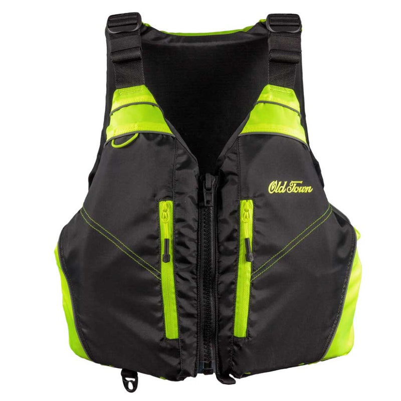 Load image into Gallery viewer, Old Town Riverstream PFD in black and neon green – lightweight, high-visibility kayaking life vest