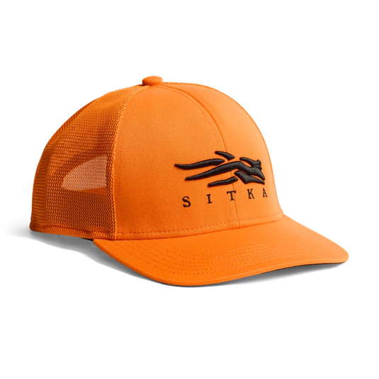 Orange cap with black logo on a white background