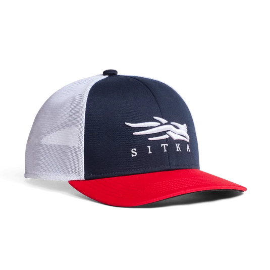 Navy, white, and red cap with Sitka logo on a white background
