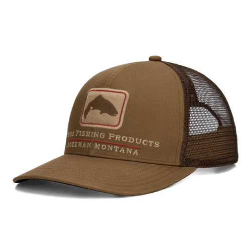 Brown fishing cap with mesh back and logo on a white background