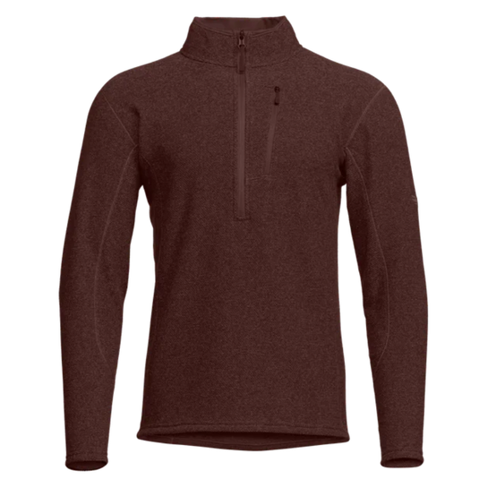 Brown long-sleeve pullover with a quarter zip on a white background