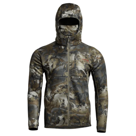 Camouflage jacket with a hood on a white background