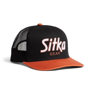 Sitka 90's Script High Pro Trucker Hat – high-profile foam snapback cap with mesh back and vintage SITKA logo