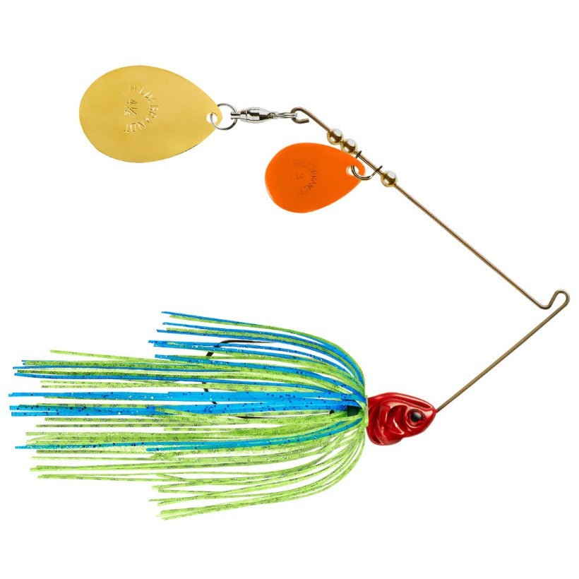 Booyah Covert Series Double Blade Spinnerbaits - Blue Chart Skirt and Red Head with Gold and Orange Blades