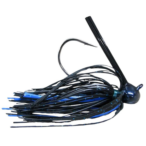 Brazalo Custom Football Head Jig in  Black n Blue, with wire-tied skirt and low-set hook eye for fishing near cover and rocky structure

