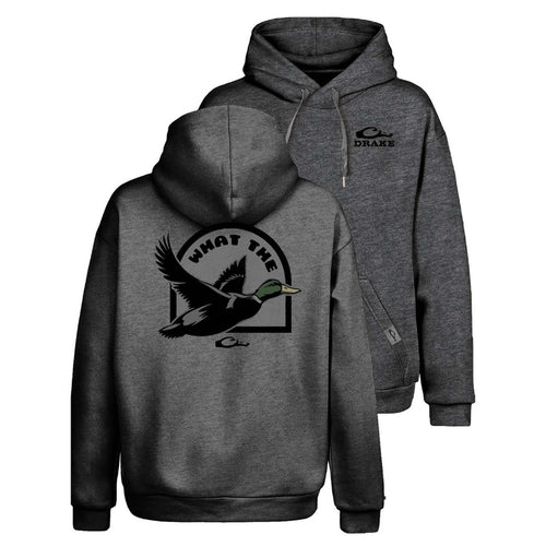 Drake Waterfowl “What The Duck” graphic hoodie in cotton blend, front logo and bold back design.