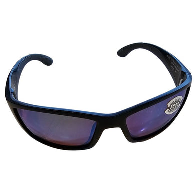 Sunglasses with black frame and blue accents on a white background