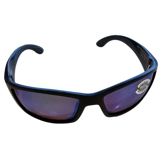 Sunglasses with black frame and blue accents on a white background