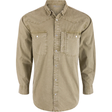 Beige button-up shirt with two front pockets on a white background
