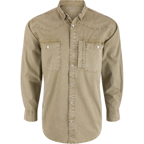 Beige button-up shirt with two front pockets on a white background