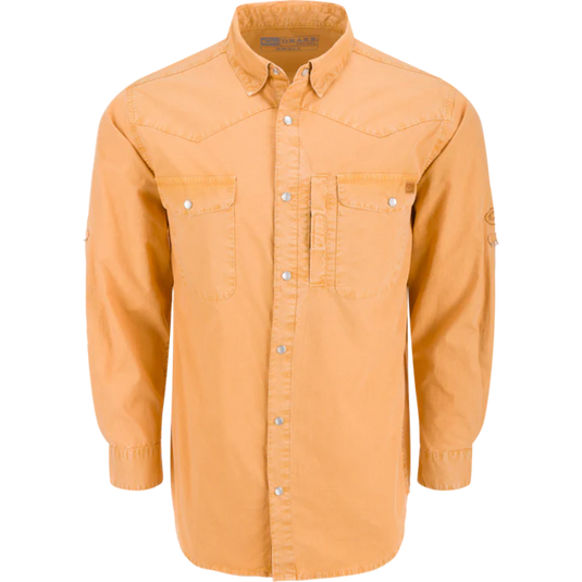 Orange button-up shirt on a white background