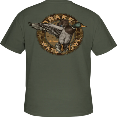 Green t-shirt with a duck graphic and 'Drake Waterfowl' logo on the back.