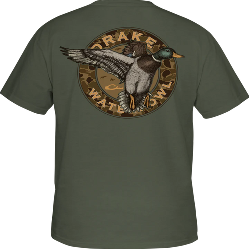 Green t-shirt with a duck graphic and 'Drake Waterfowl' logo on the back.