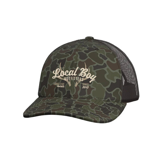 Local Boy Outfitters Antler Arch Trucker Hat with embroidered logo and breathable mesh back