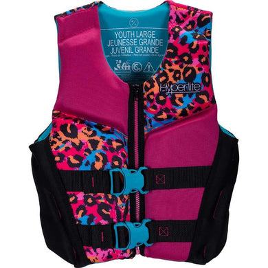 Hyperlite Girl's Youth Indy Vest – Coast Guard approved youth life jacket with adjustable belts, segmented foam panels, and colorful design - Black Pink and Animal Print