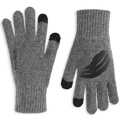A pair of gray Simms wool full finger gloves with TPU palm overlays and conductive yarns for touchscreen use.
