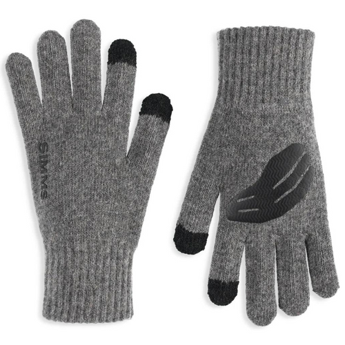 A pair of gray Simms wool full finger gloves with TPU palm overlays and conductive yarns for touchscreen use.