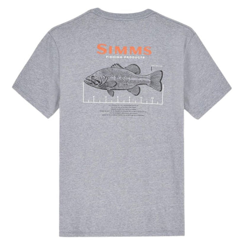 Gray t-shirt with Simms Fishing Products logo and fish design on a white background