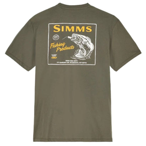 Green t-shirt with Simms Fishing Products logo on a white background