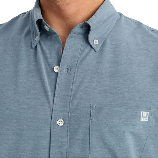 Huk Kona Button Down Shirt - Stormy Blue - Close Up Chest 