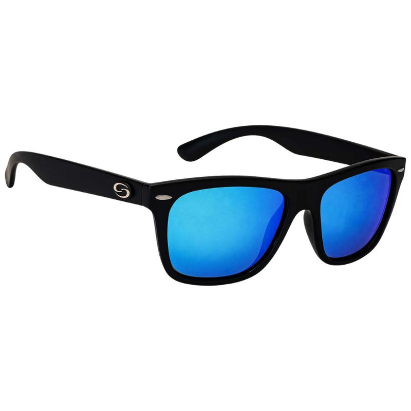 Load image into Gallery viewer, Black-framed sunglasses with blue lenses on a white background
