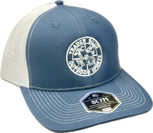 Blue and white cap with a logo and brand tag on a white background
