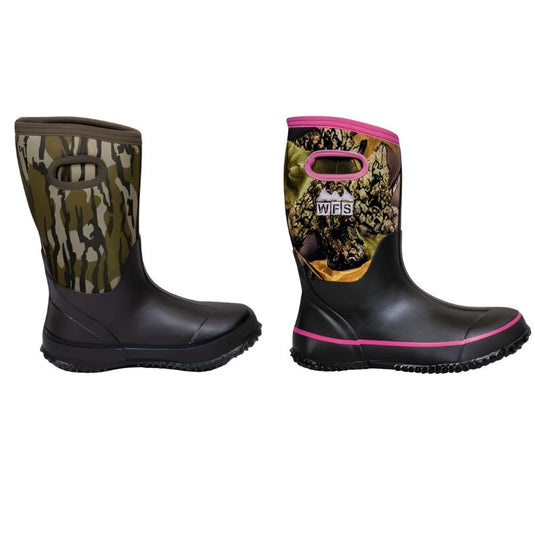 World Famous Sports Youth Neoprene Rubber Boots - Fuchsia and Mossy Oak Bottomland