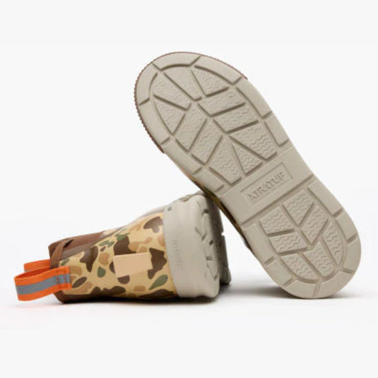 Camouflage-patterned sandal with a textured sole on a white background