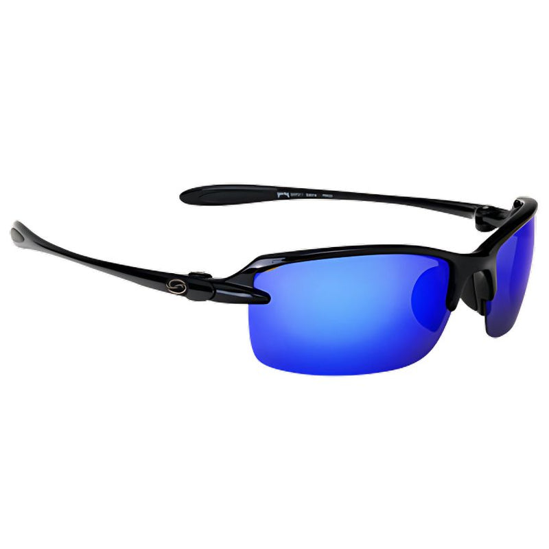 Load image into Gallery viewer, Sunglasses with blue lenses and black frame on a white background
