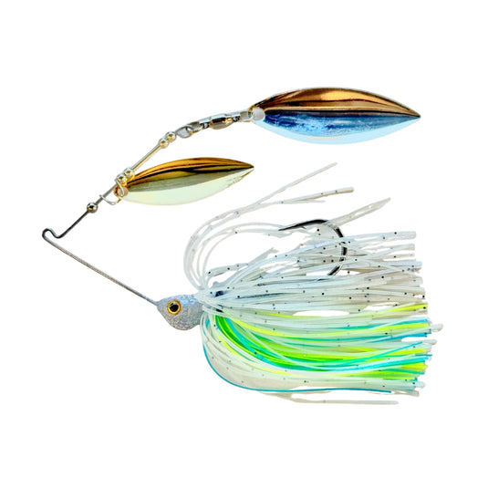 Brazalo Custom Lures 501 double willow spinnerbait bass fishing lure with compact profile and flash blades