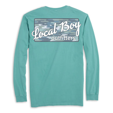 Local Boy Outfitters Blue Bayou Plate Long Sleeve Pocket T-Shirt with logo chest and Blue Bayou back graphic
