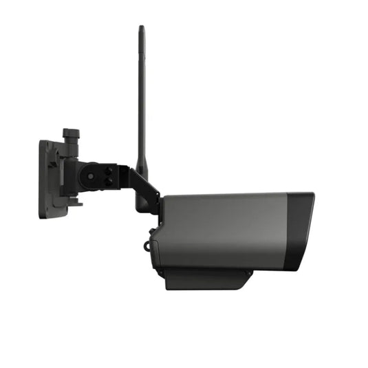 Black security camera with antenna on a white background