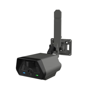 Black security camera with wall mount on a white background
