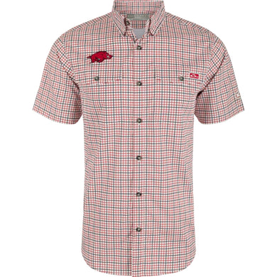 Drake Waterfowl Arkansas Frat Tattersall Short Sleeve Shirt with vented back, hidden collar, and UPF protection

