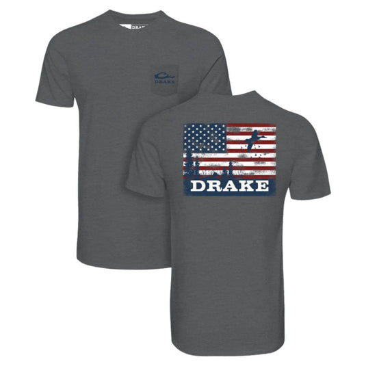 Drake Waterfowl Americana Scenic graphic t shirt with Duck Flag outdoor design - Graphic Heather