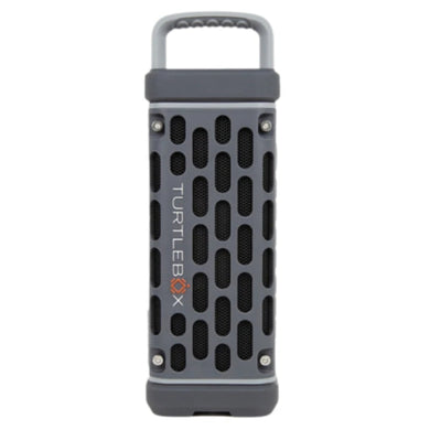 Gray Turtlebox Ranger speaker displayed on a plain background, highlighting its sleek and durable design.