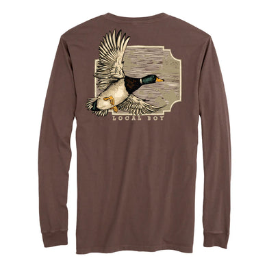 Local Boy Outfitters Greenhead Flight Long Sleeve Pocket T-Shirt with logo chest and flying duck back graphic