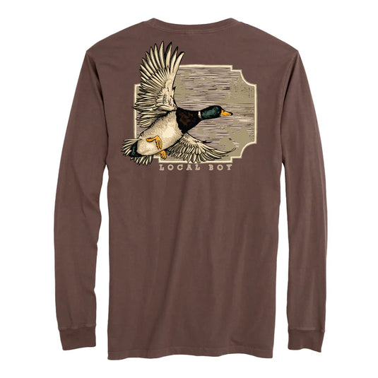 Local Boy Outfitters Greenhead Flight Long Sleeve Pocket T-Shirt with logo chest and flying duck back graphic