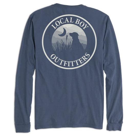 Local Boy Outfitters Original Blue Ridge Long Sleeve Pocket T-Shirt with logo chest and Blue Ridge back graphic