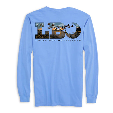 Local Boy Outfitters Marsh Scene Long Sleeve Pocket T-Shirt with logo chest and marsh landscape back graphic