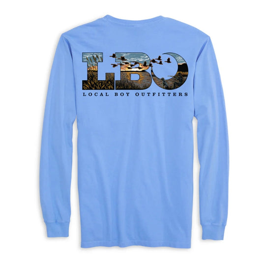 Local Boy Outfitters Marsh Scene Long Sleeve Pocket T-Shirt with logo chest and marsh landscape back graphic