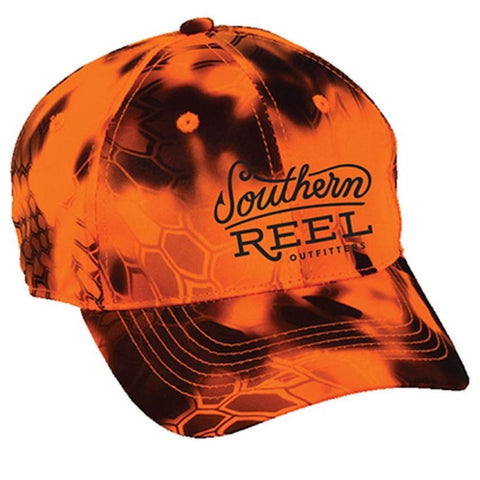 Southern Reel Outfitters hat White Orange camo with black southern reel outfitters round logo.