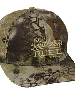 Southern Reel Outfitters hat camo with tan southern reel outfitters round logo.