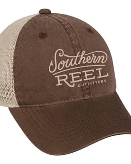 Southern Reel Outfitters trucker style hat. Brown front with Tan southern reel outfitters logo and tan mesh back.