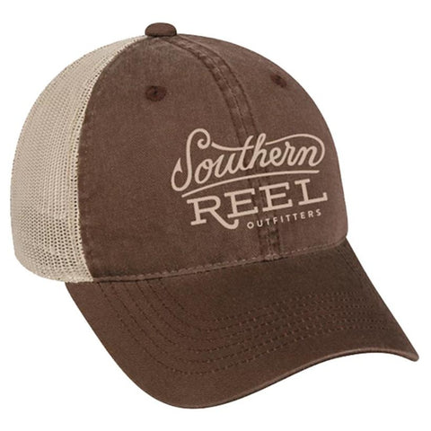 Southern Reel Outfitters trucker style hat. Olive front with tan southern reel outfitters logo and tan mesh back.