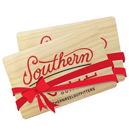 Southern Reel Outfitters Gift Cards - With a red ribbon wrapped around the card.