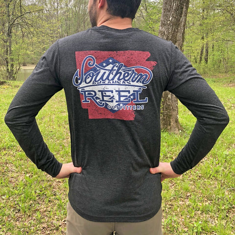 Southern Reel Outfitters Logo LS T-Shirt On Arkansas Flag