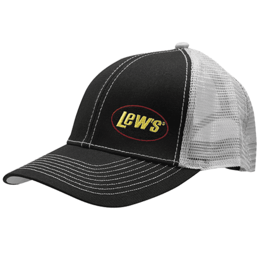 Lew’s Black/Gray Logo Hat – Adjustable Mesh Back Fishing Cap with Embroidered Logo and Pre-Curved Bill